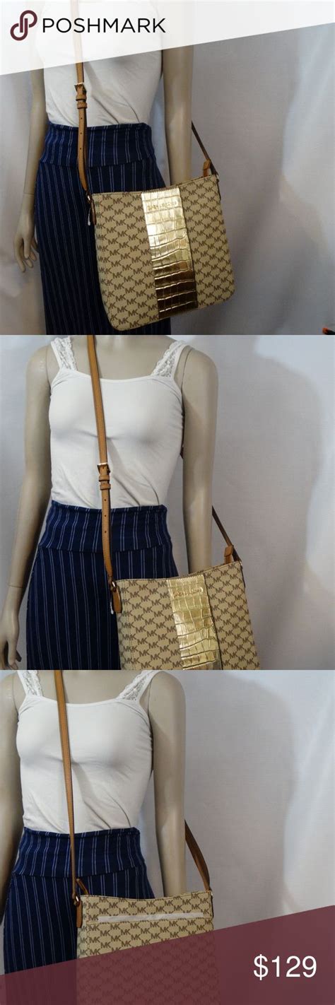 Michael Kors Center Stripe Messenger Crossbody Tan Gold 